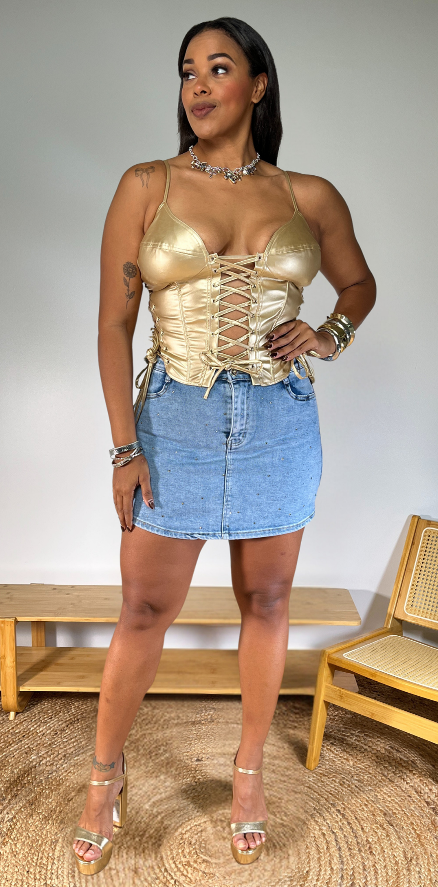 Blue Light Studded Denim Skirt