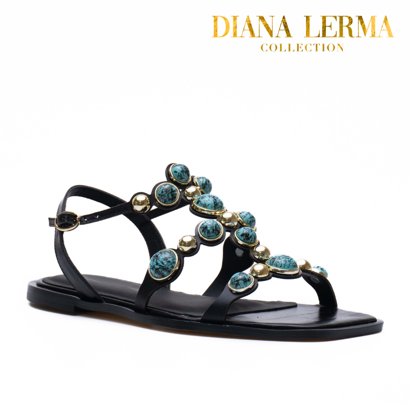 Blue Studs Strappy Black Sandals