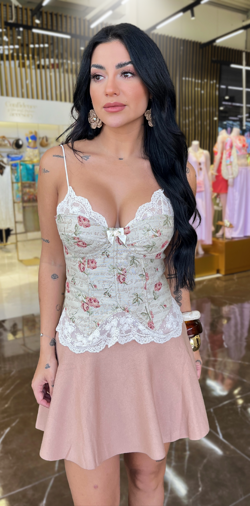 Pink Floral Lace Beige Corset Top