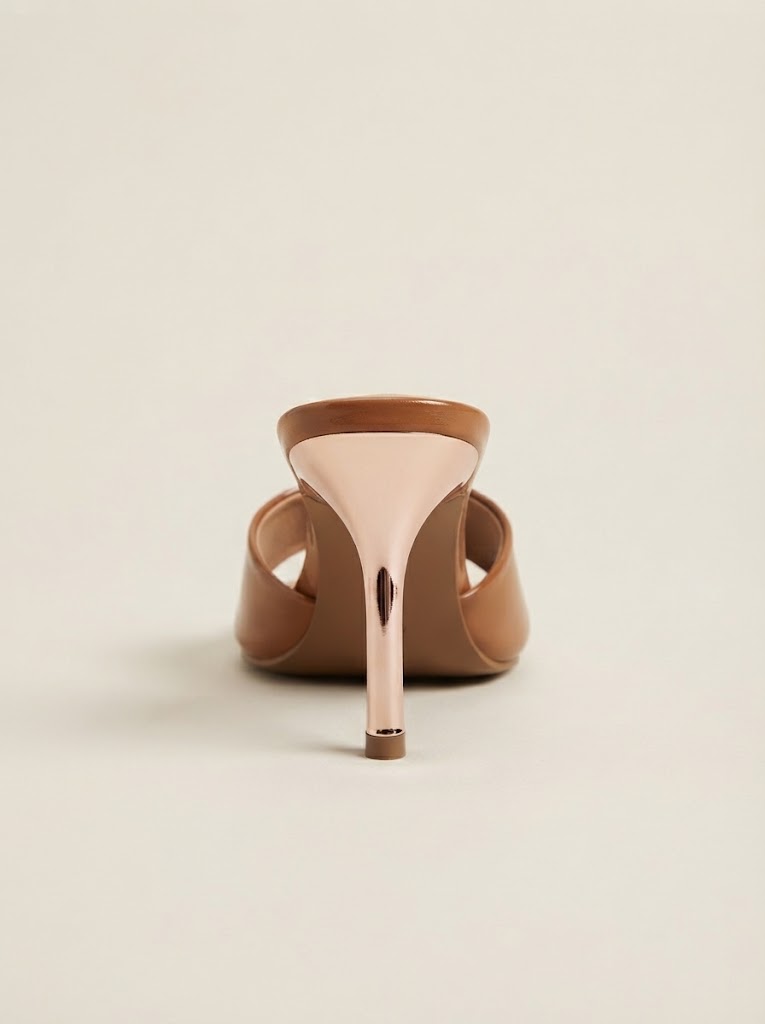 A single tan leather slingback mule heel shown from the back on a light beige studio background.