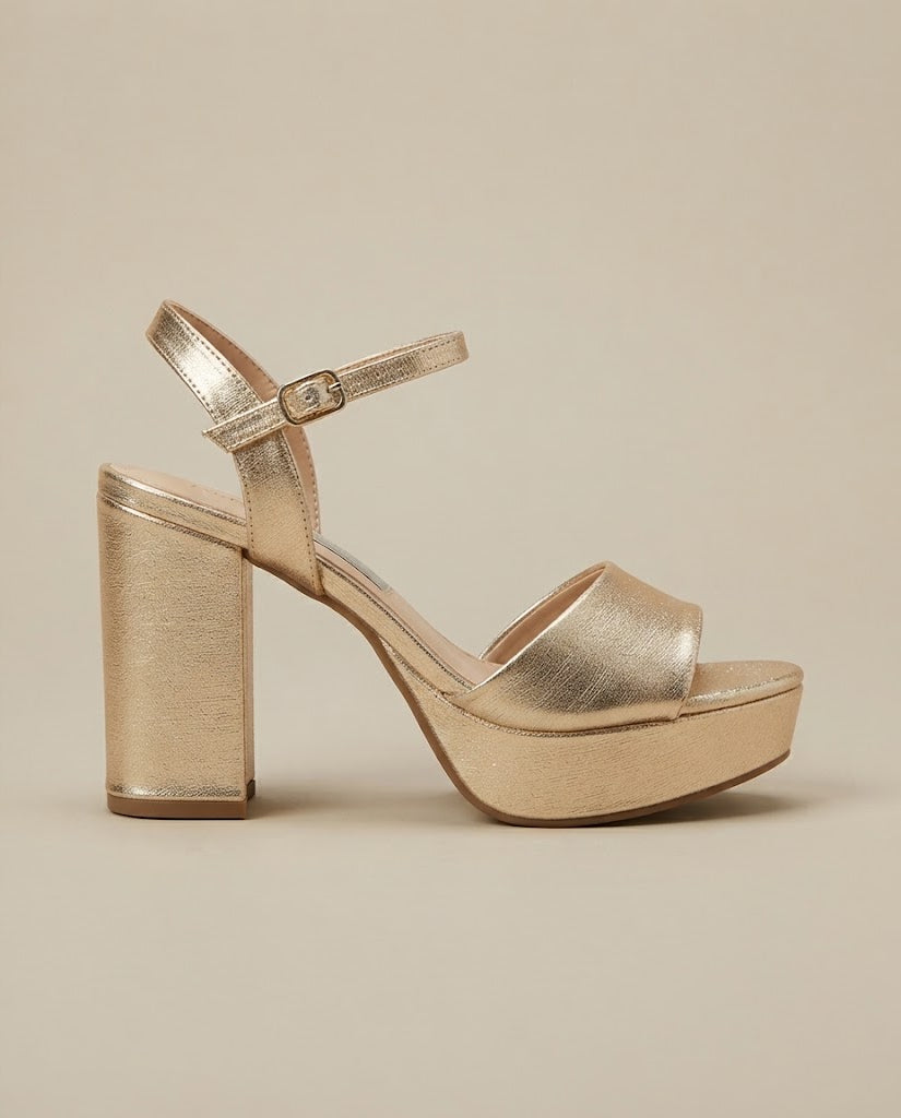A single metallic gold platform sandal with a block heel and ankle strap, shown in profile against a solid beige background.