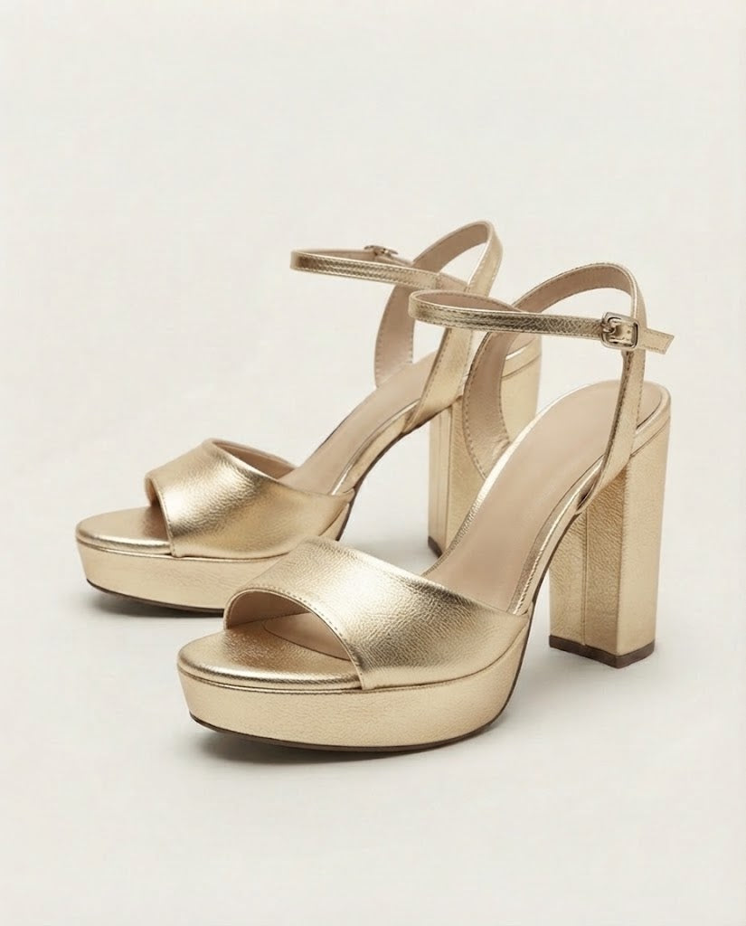 A pair of metallic gold platform high-heeled sandals with ankle straps, shown on a light beige studio background.