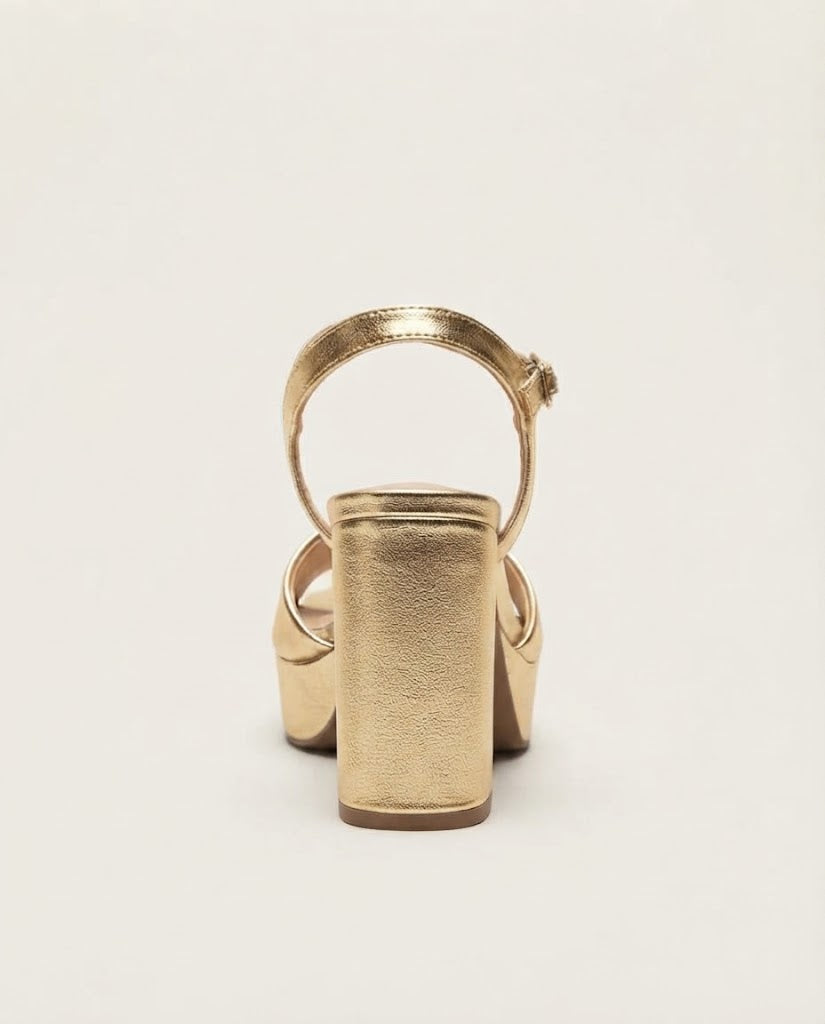 A single metallic gold block-heel sandal with an ankle strap, shown from a rear three-quarter view against a plain off-white background.