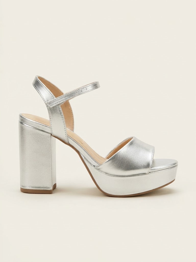 A single metallic silver platform sandal with a block heel and ankle strap, shown from a side profile on a light beige background.