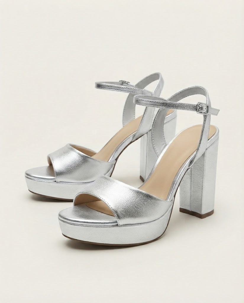 A pair of metallic silver platform high-heeled sandals with ankle straps, shown on a light beige studio background.