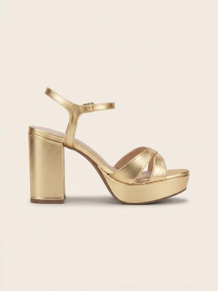 A single metallic gold platform sandal with a block heel, open toe, and ankle strap, shown in profile against a light beige background.
