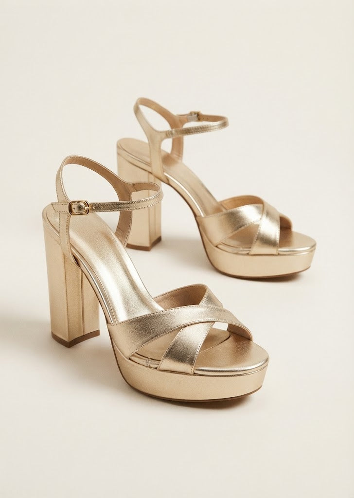 A pair of metallic gold platform high-heel sandals with crisscross front straps and ankle straps, shown on a light beige background.