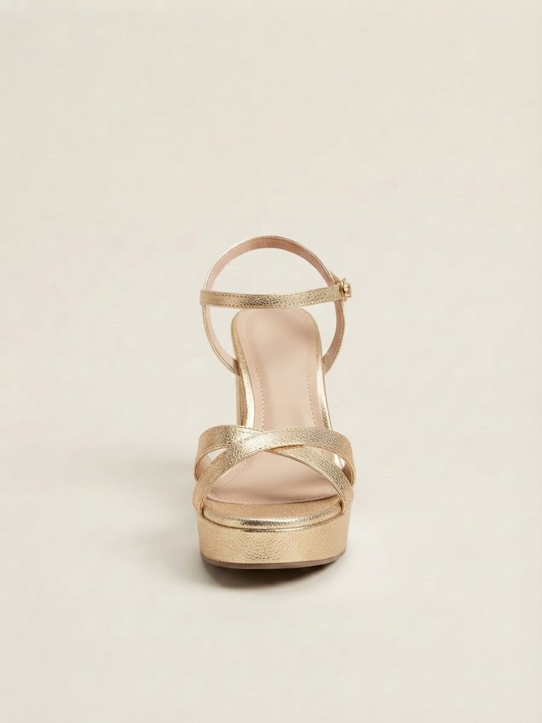 A single metallic gold platform sandal with crisscrossing straps and an ankle strap, shown from a front-facing angle on a light beige background.