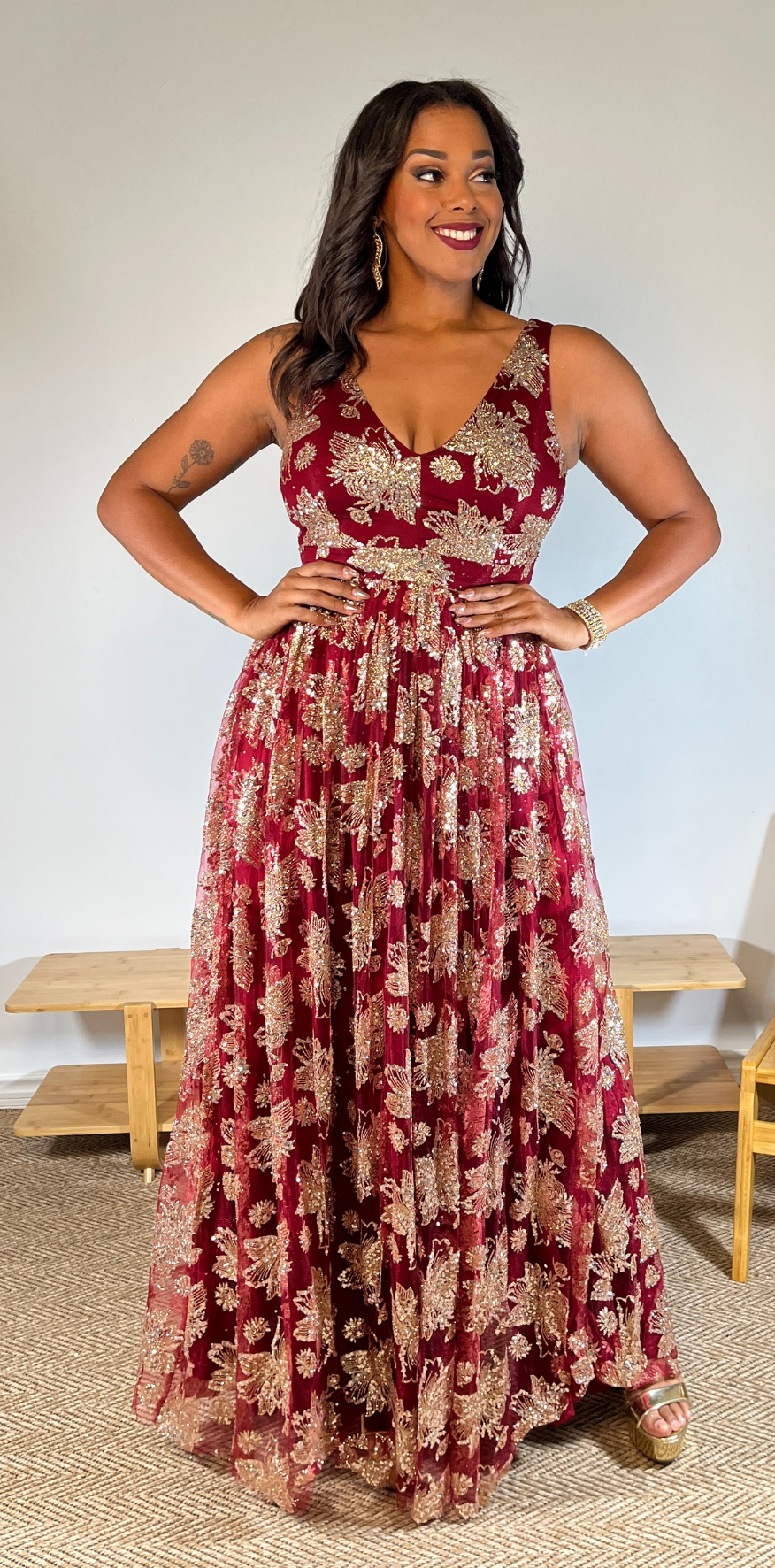 Gold Sequin Red Dress