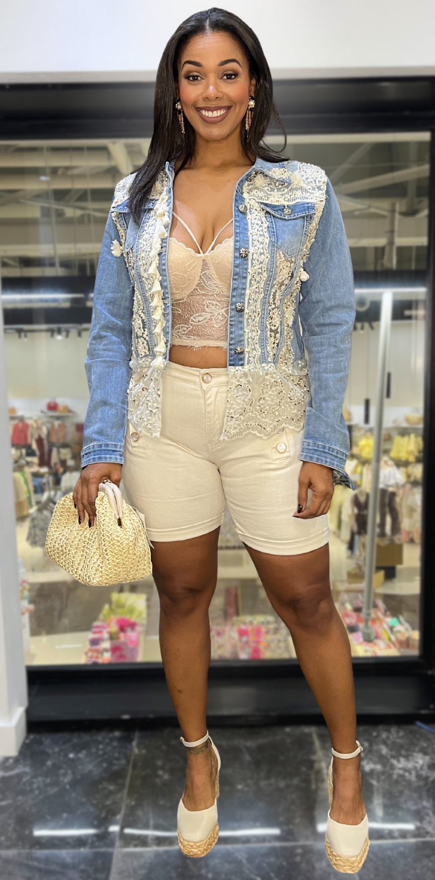 Creme Denim Shorts