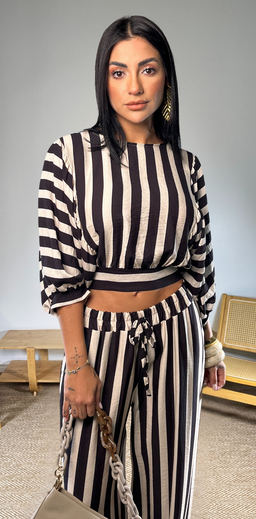 Black Stripes Beige Blouse