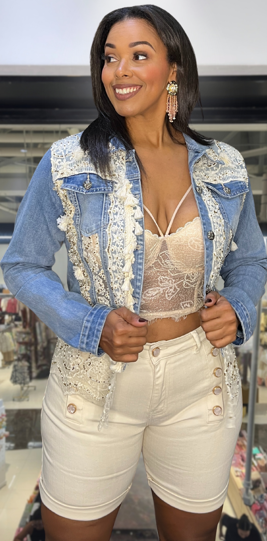 White Lace Blue Denim Jacket
