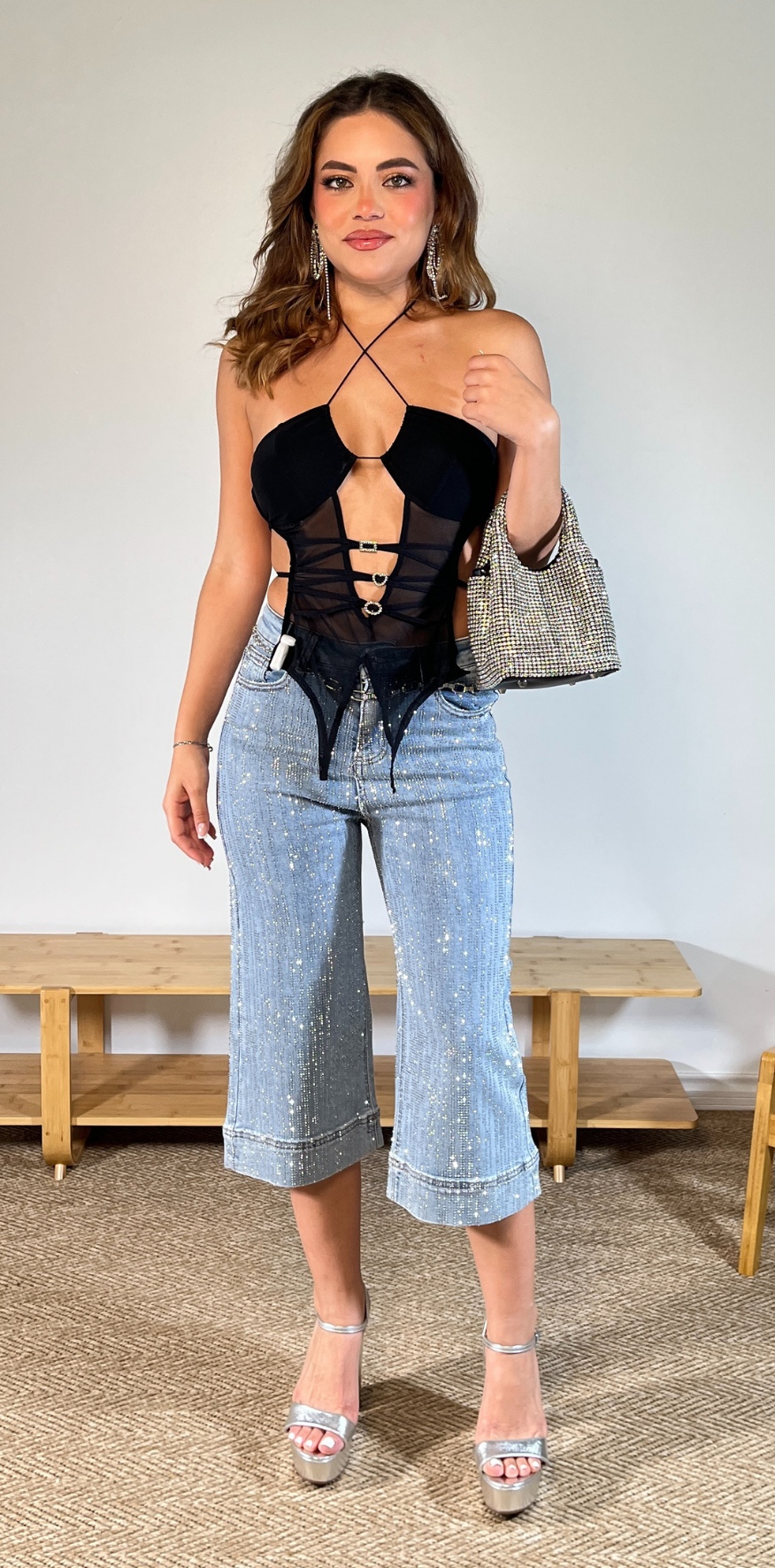 Light Blue Denim Bermuda with Rhinestone Pattern