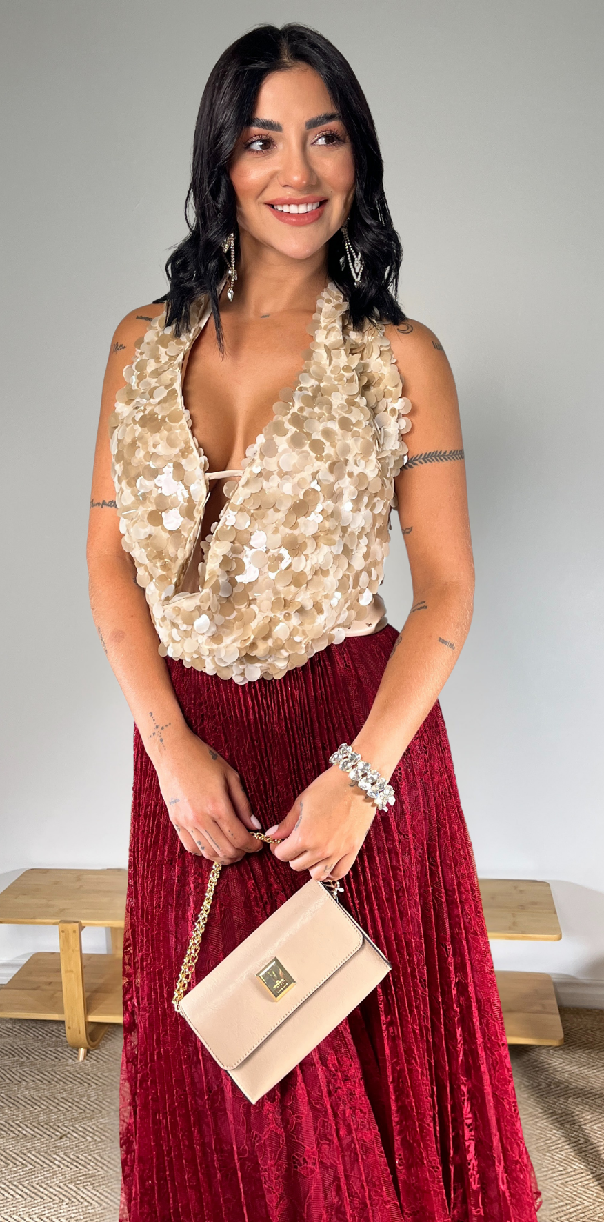 Beige Sequin Crop Top