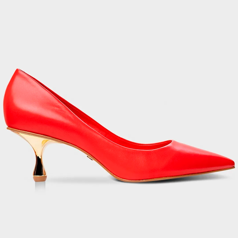 Red Pointy Gold Kitten Heels