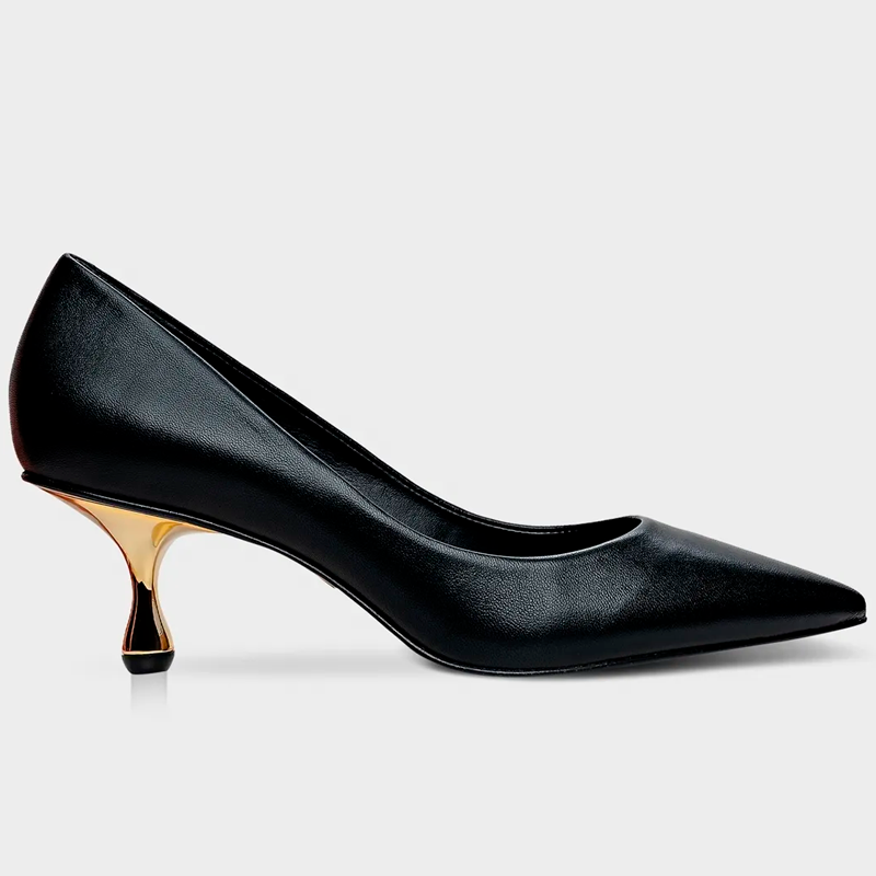 Black Pointy Gold Kitten Heels