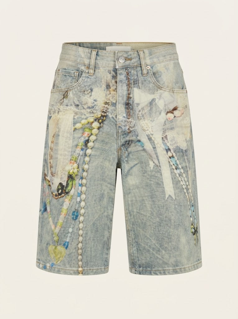 Printed Pearl Denim Shorts