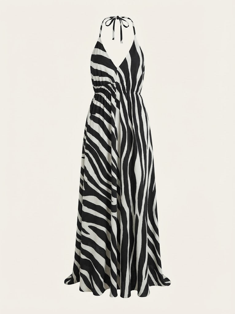 Zebra Print Halter Maxi Dress