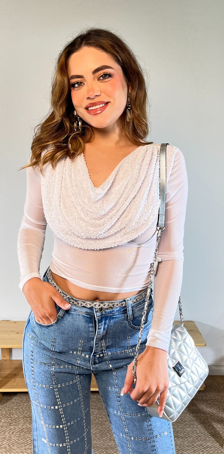 White Long Sleeve Cowl Neck Blouse