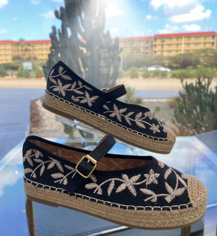 White Stitch Black Flats