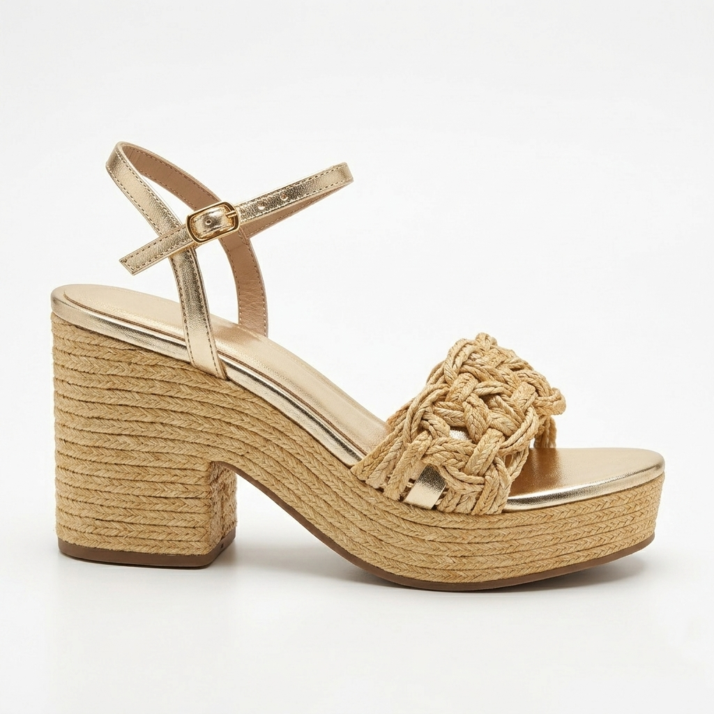 Gold Straps Natural Chunky Heels