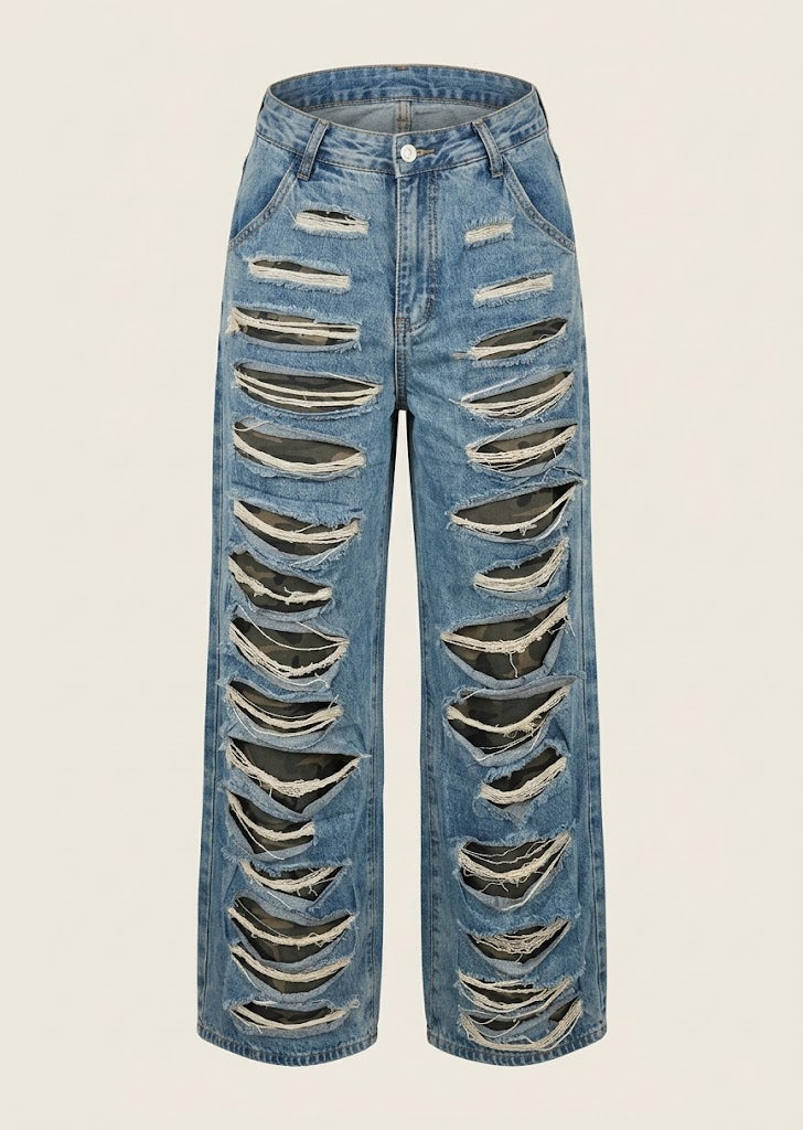 Extensively Distressed Straight Leg Jeans