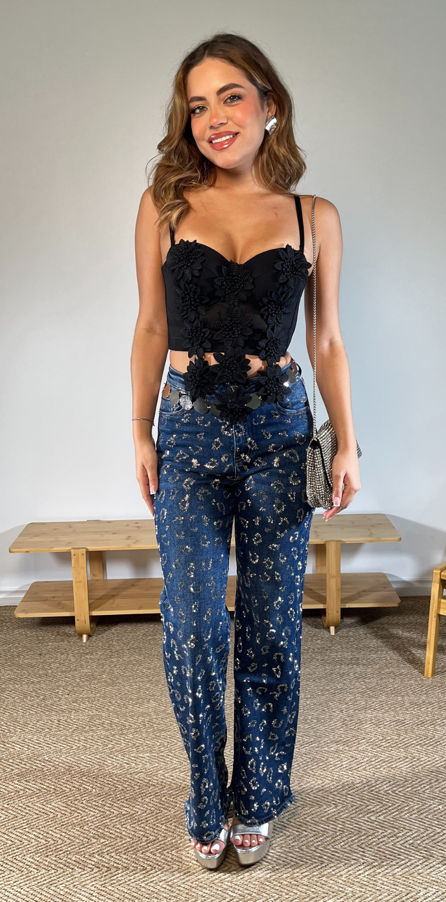 Deep Indigo Geometric Beaded Pattern Jeans
