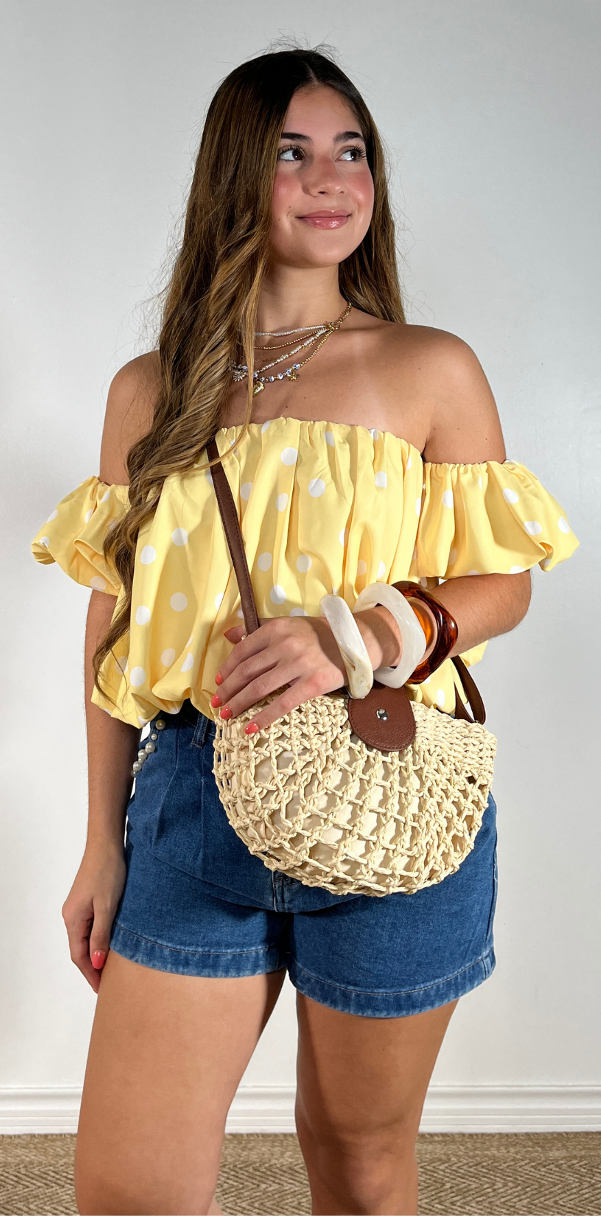 Yellow Polka Dot Bardot Top