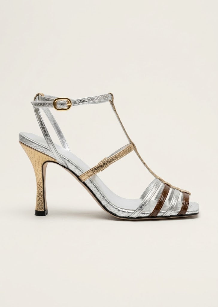 Gold Detail Strappy Silver Heels