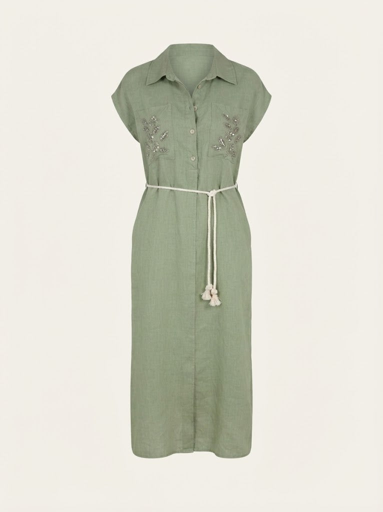Linen Embellished Midi Dress