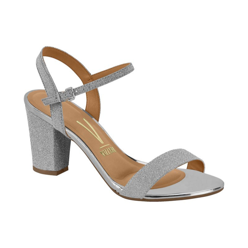 Glitter Silver Ankle Strap Block Heels