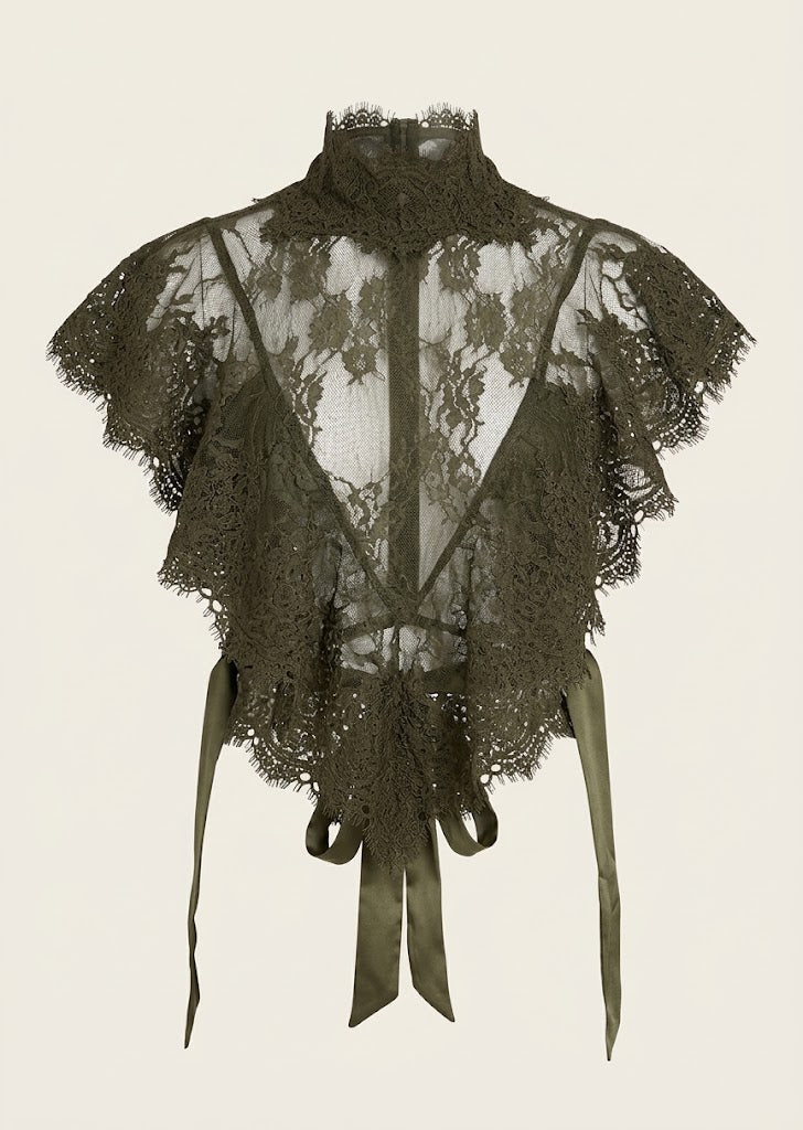 Lace Overlay Mock Neck Blouse