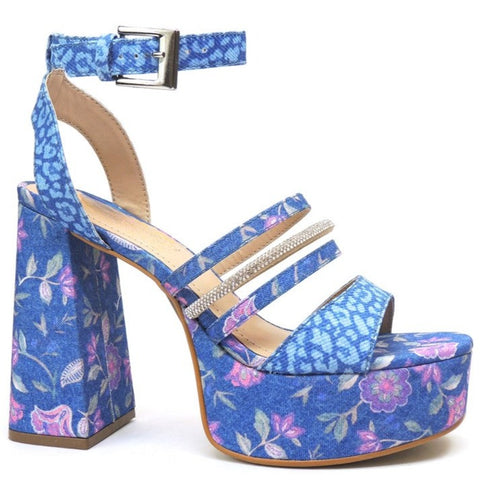 Blue Floral Block Heels