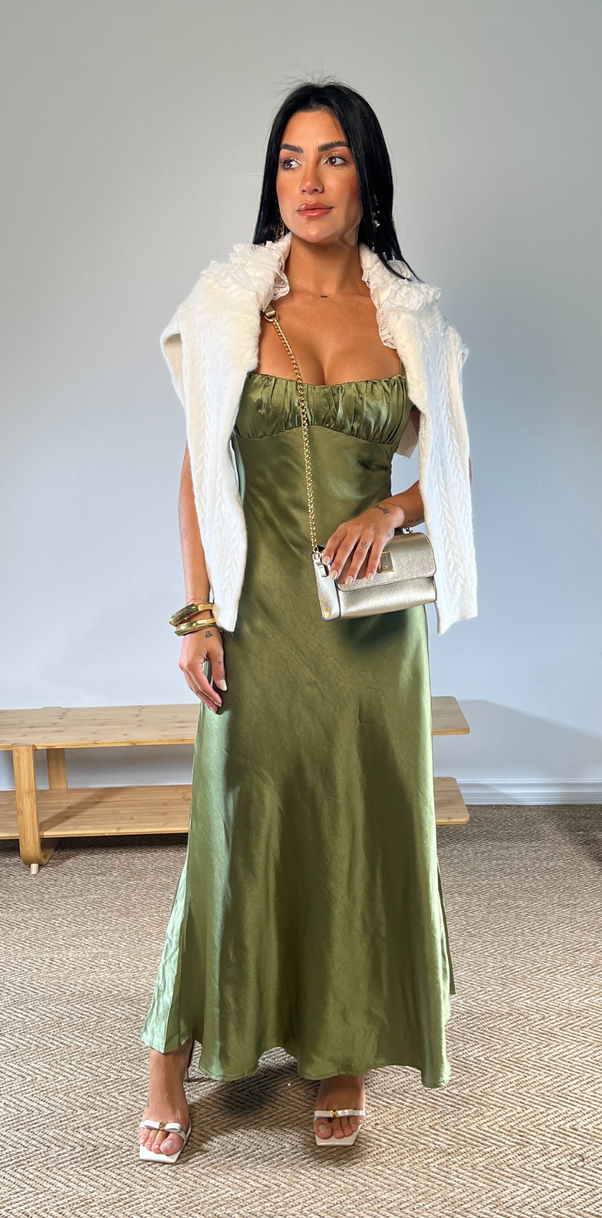 Olive Green Spaghetti Strap Satin Dress