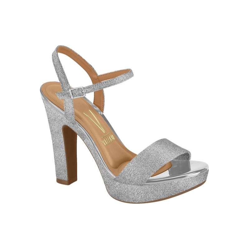 Silver Ankle Strap Block Heels