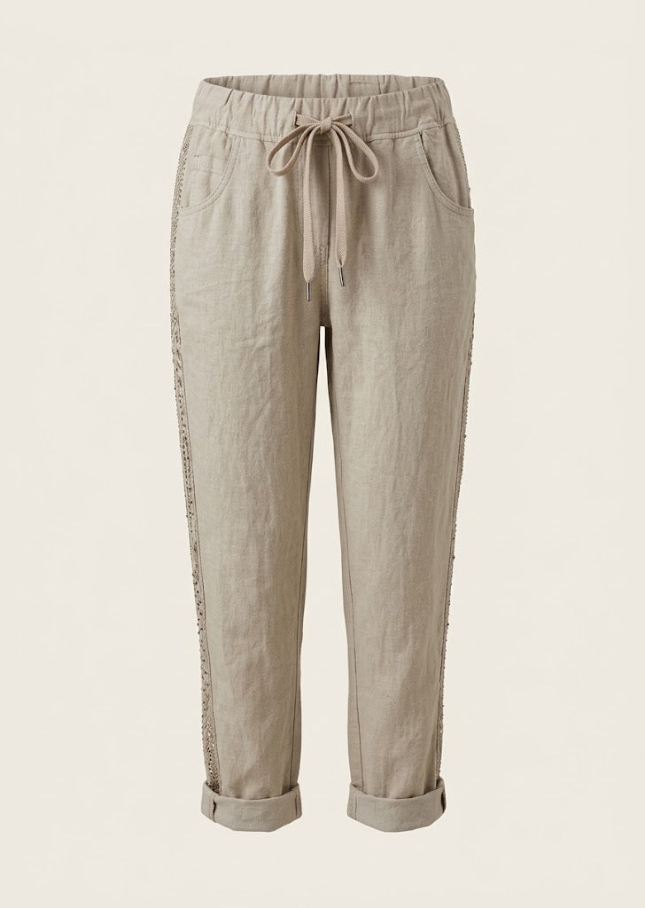 Lace Trim Drawstring Linen Trousers