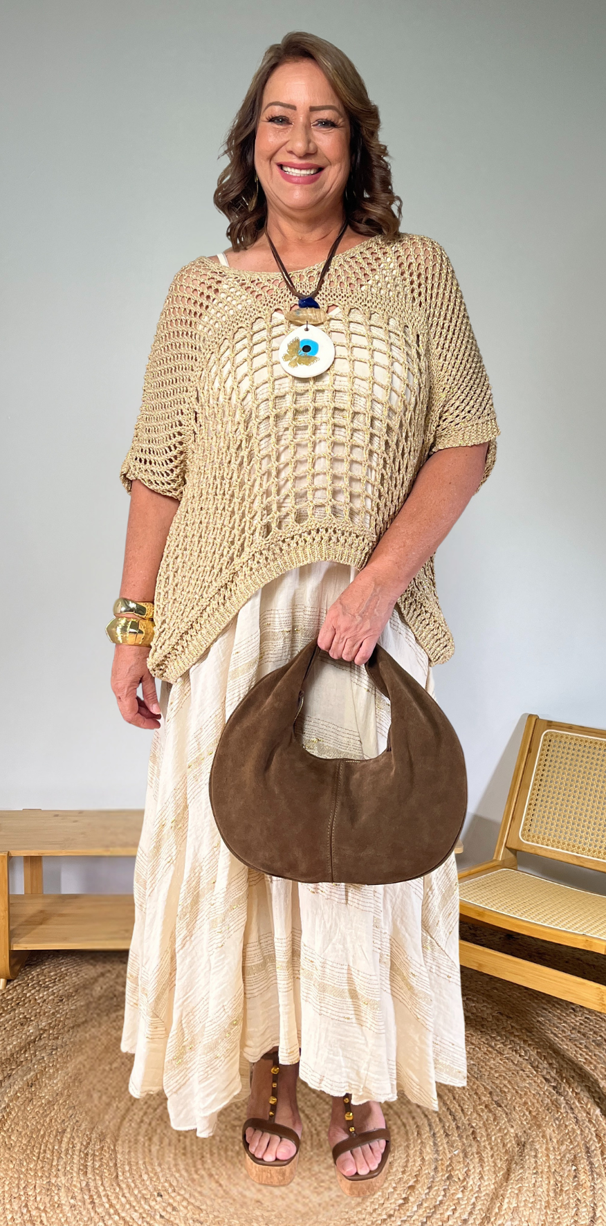 Gold Details Beige Dress