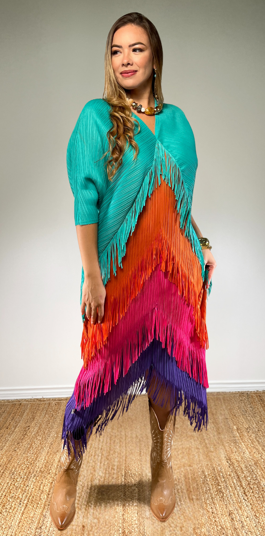 Turquoise and Orange Fringed Dress