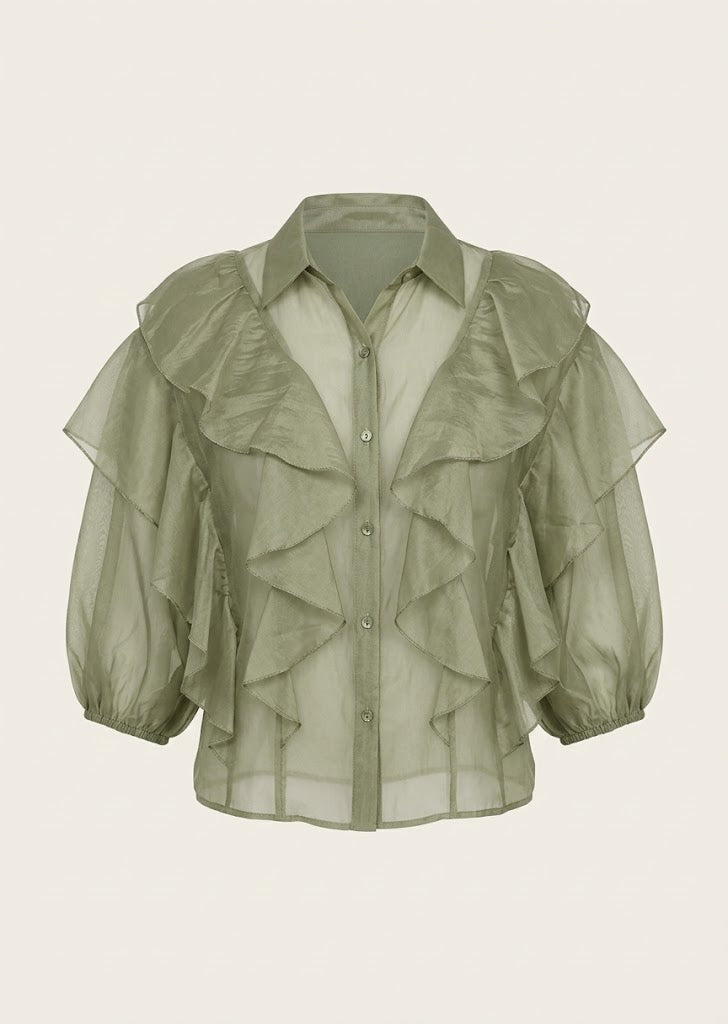 Ruffled V-Neck Button-Down Blouse