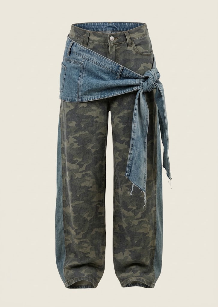 Camo Print Wrap Waist Jeans
