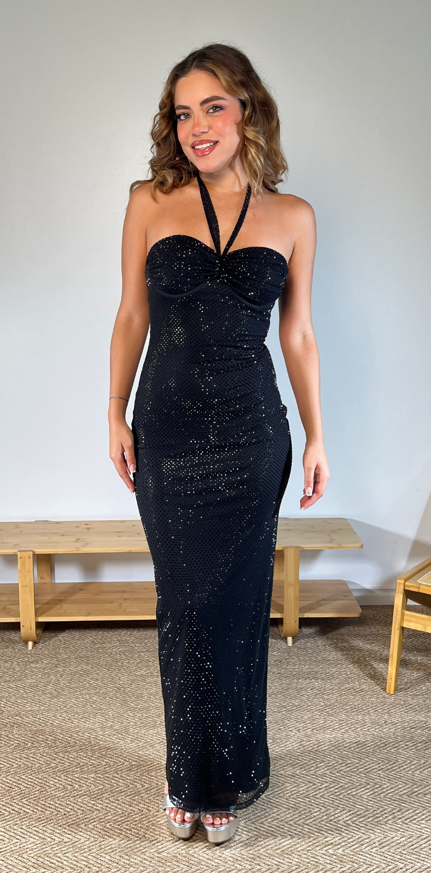 Black Bedazzled Halter Neck Dress