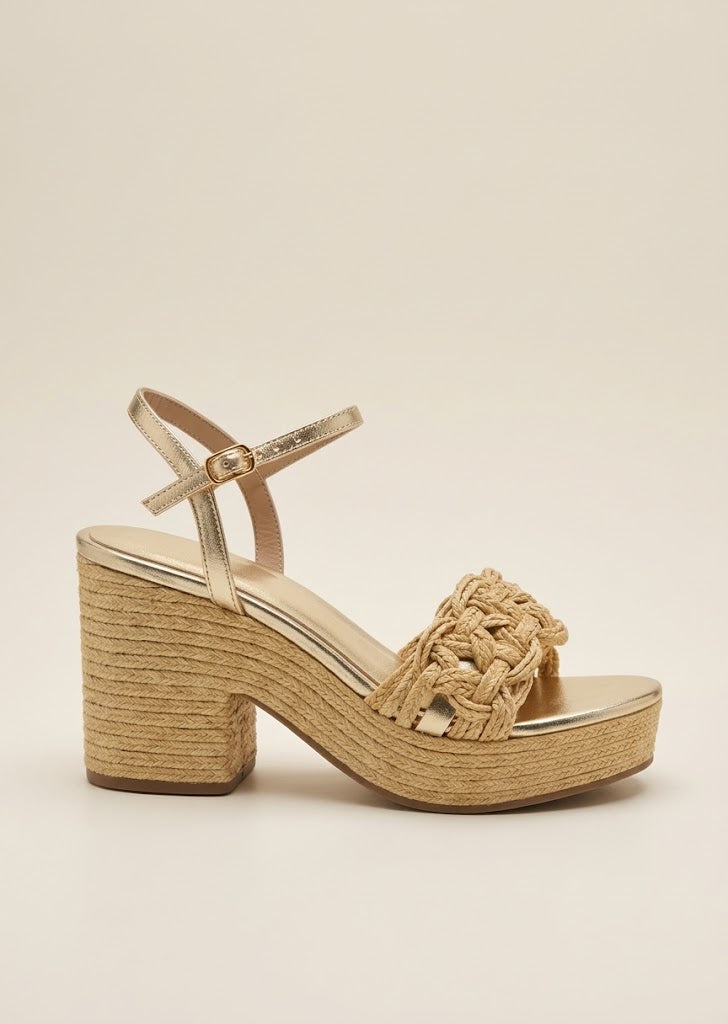 Gold Straps Natural Chunky Heels