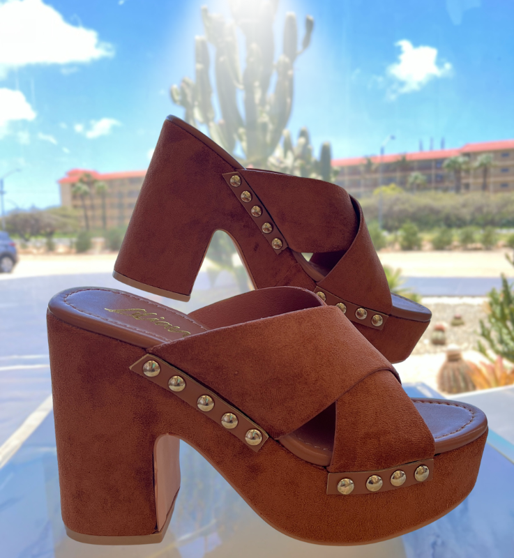 Tan Slide Chunky Block Heels