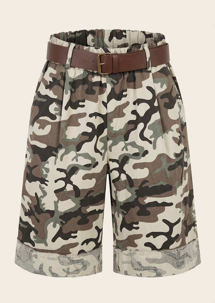 Camo Print Belted Bermuda Shorts