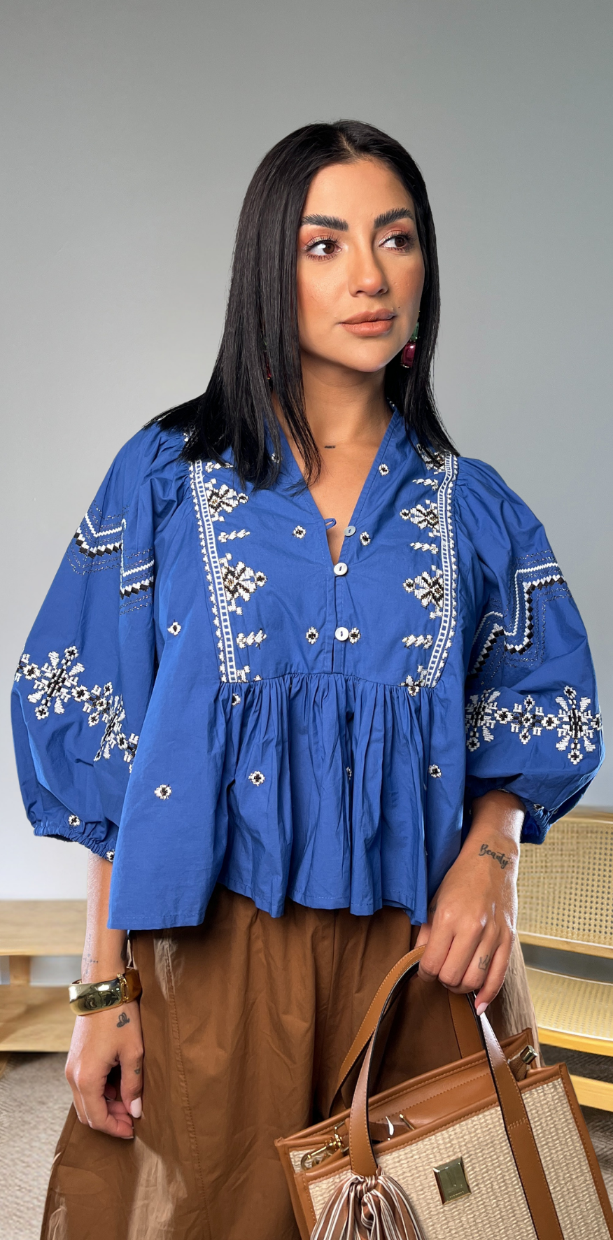 White Stitch Detail Blue Blouse