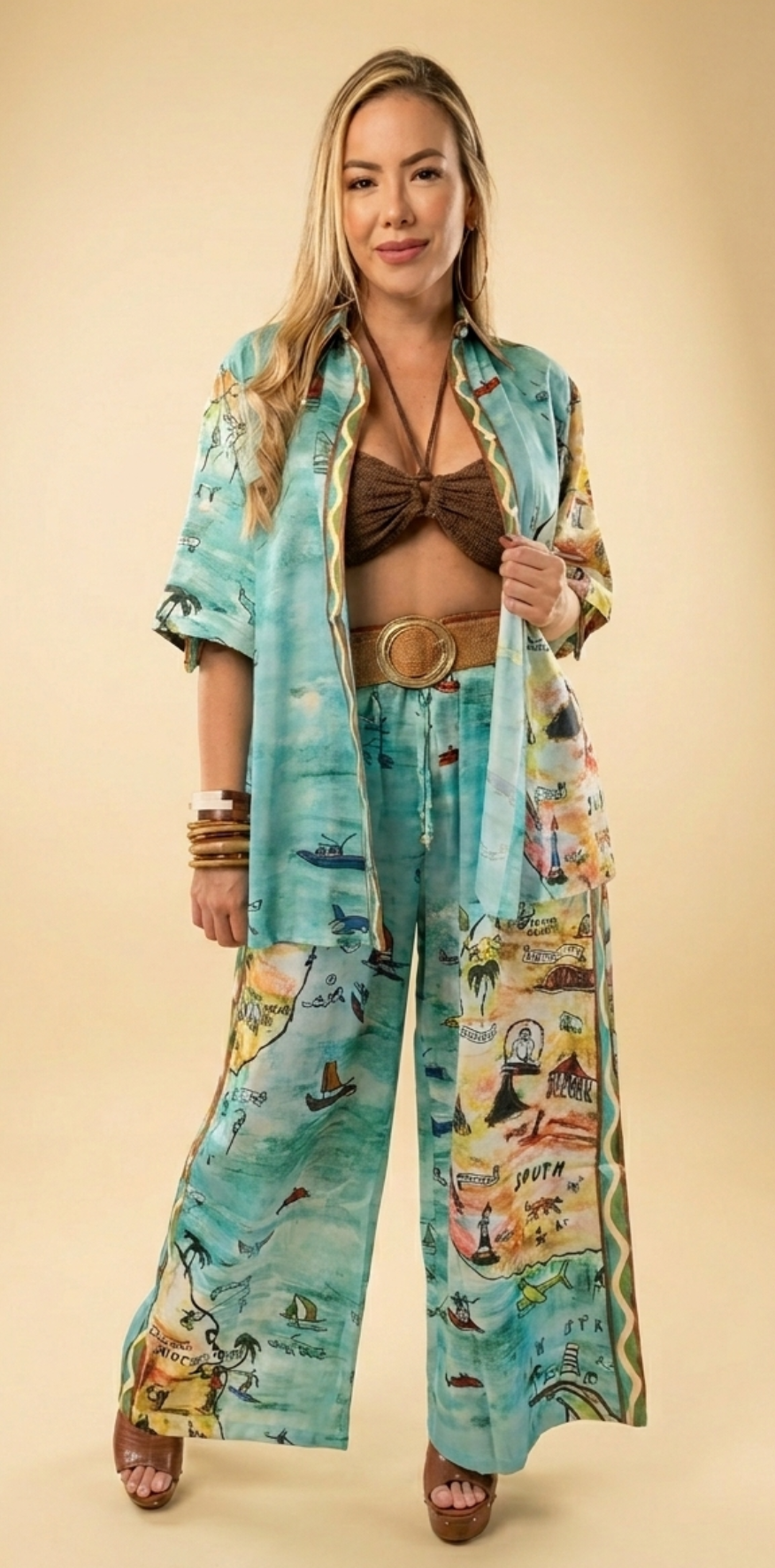 Turquoise Cartographic Print Pants