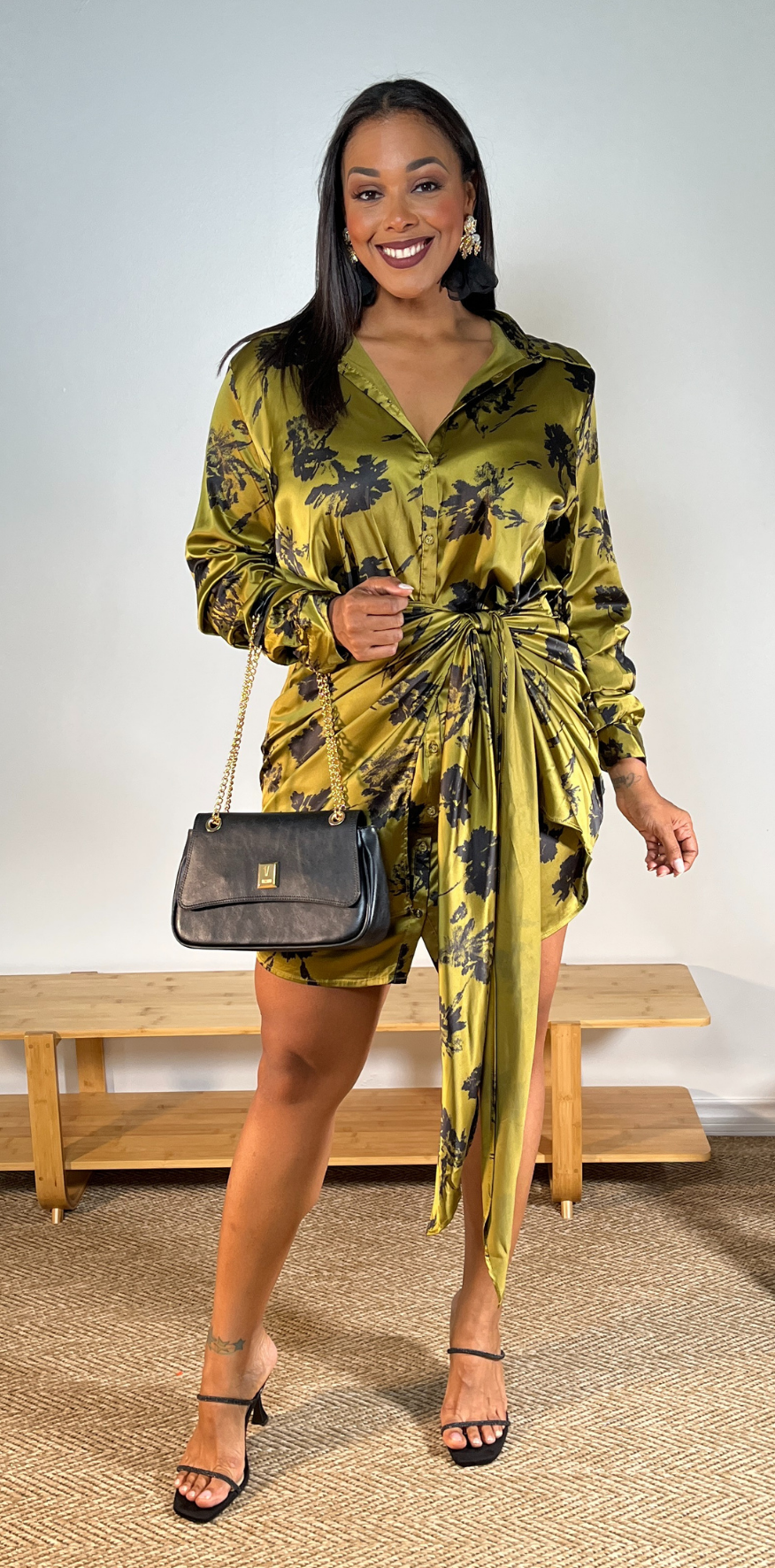 Silky Olive Print Dress