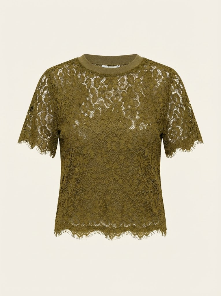 Lace Overlay Short Sleeve Blouse