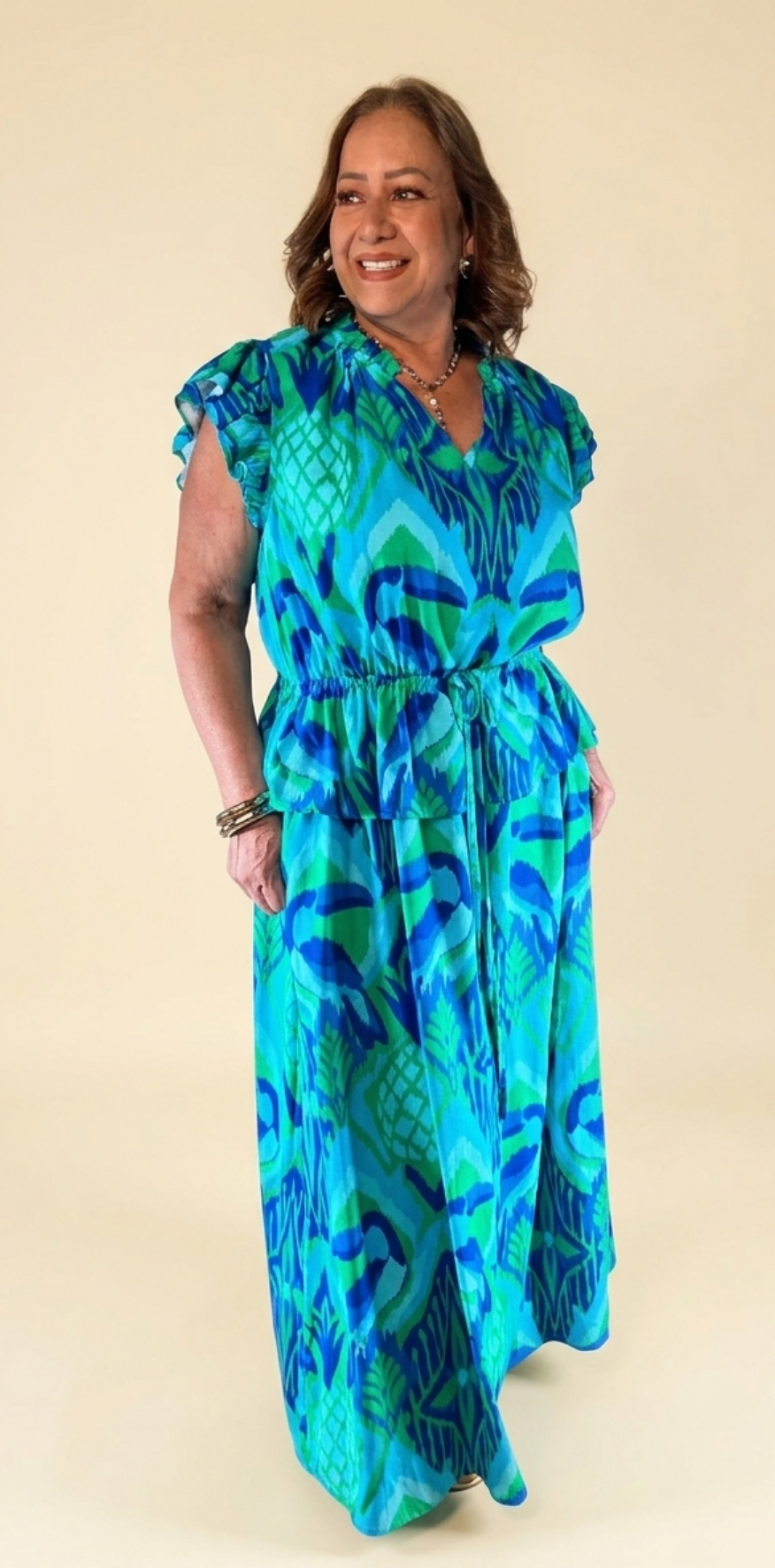Peacock Teal Ikat-Patterned Dress