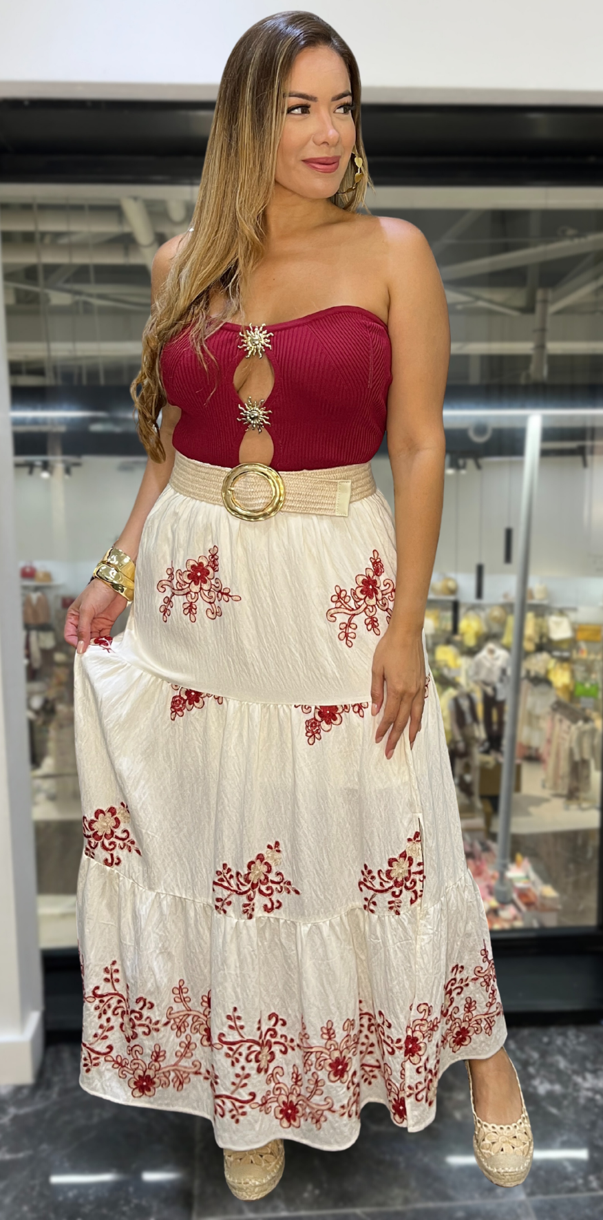 Red Floral White Skirt
